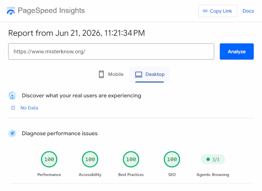 PageSpeed Insights ทดสอบ Desktop — คะแนนสูงสุด Lightning Speed ชุดที่ 1