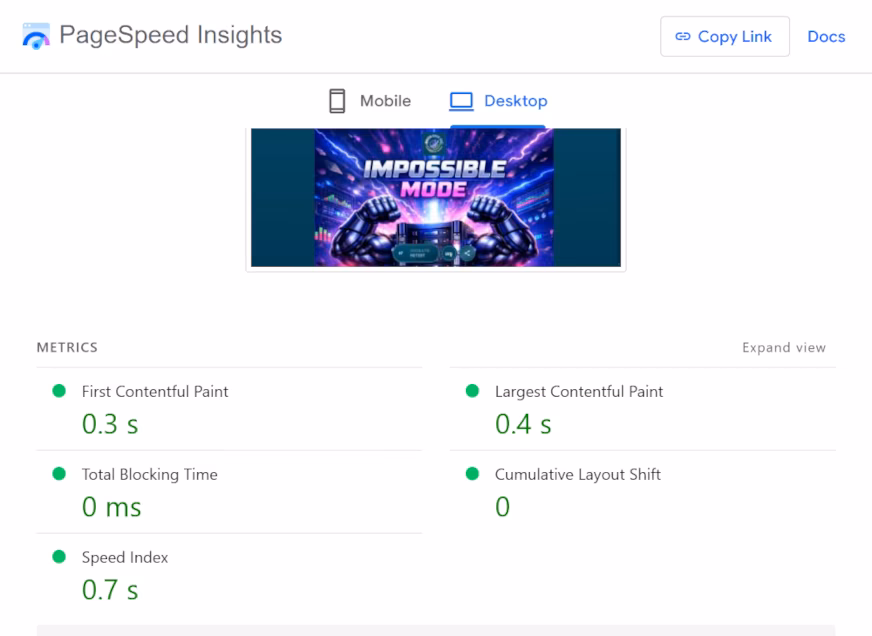 PageSpeed Insights ทดสอบ Desktop — Impossible Mode ผลลัพธ์เว็บไซต์ขนาดใหญ่ ชุดที่ 2