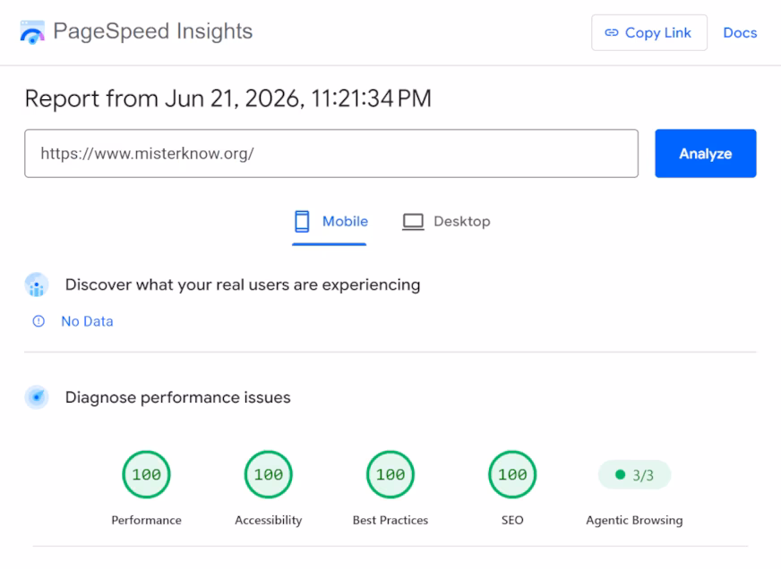 PageSpeed Insights ทดสอบ Mobile — คะแนนประสิทธิภาพโหลดเร็ว ชุดที่ 1